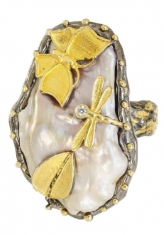 Raw Mother of Pearl Ring with Gold Butterfly & Dragonfly