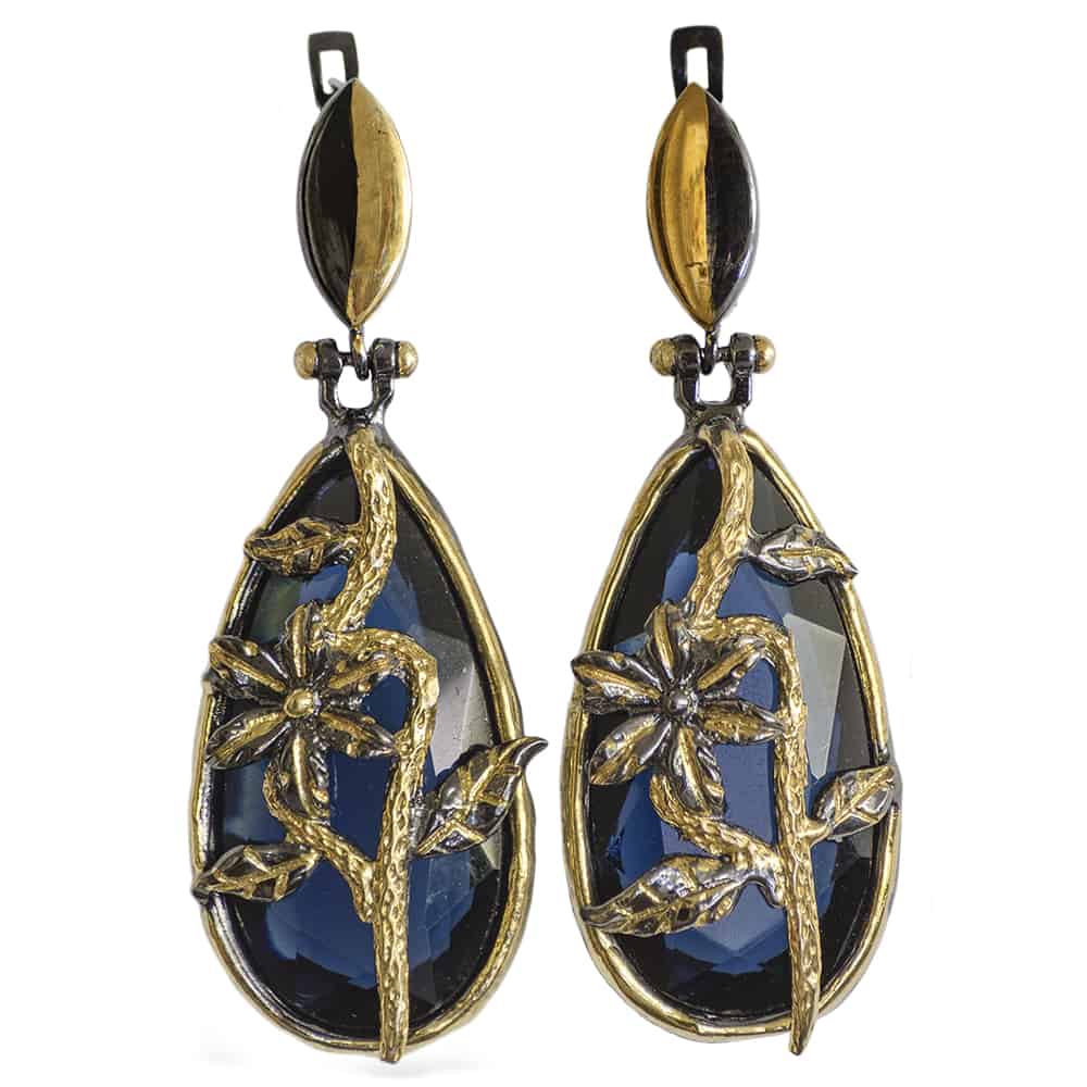 Elegant Royal Blue Crystal Earrings with Flowers