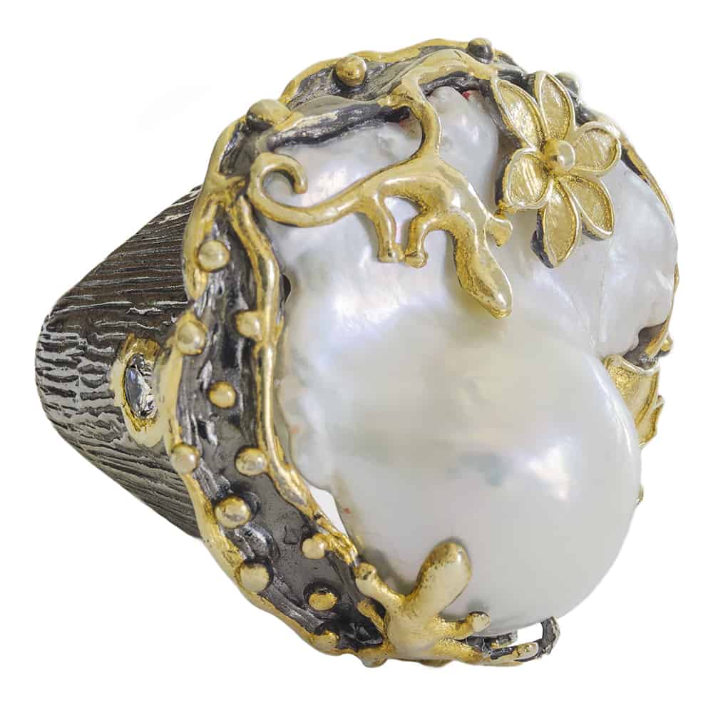Raw Mother of Pearl Flower and Lizard RIng
