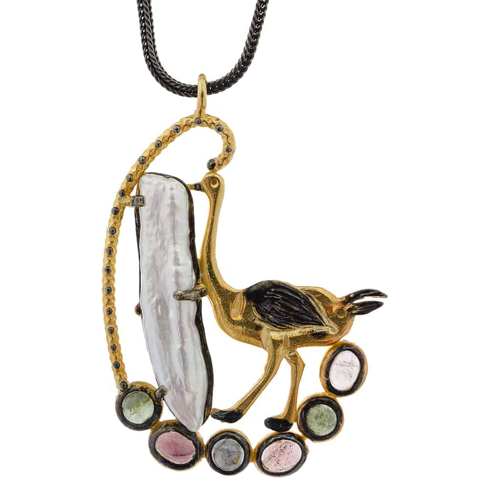 Mother of Pearl and Multi-Stone Crane Pendant