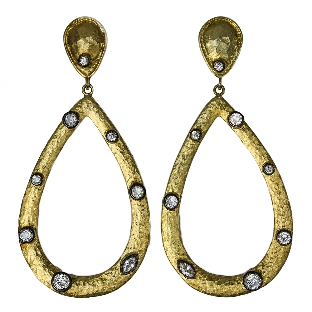Hammered Gold Teardrop Earrings with Swarovski Accent