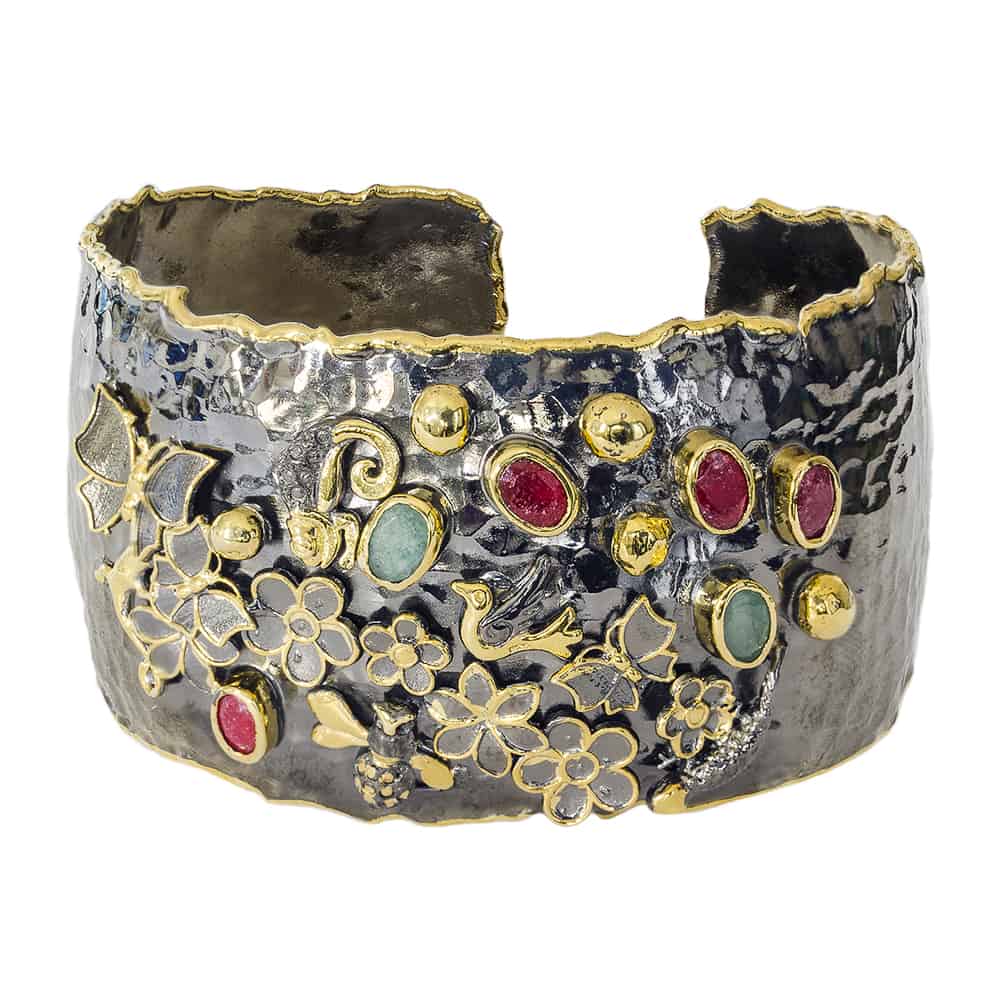 Raw Emerald and Ruby Cuff with Flower & Butterfly Motif