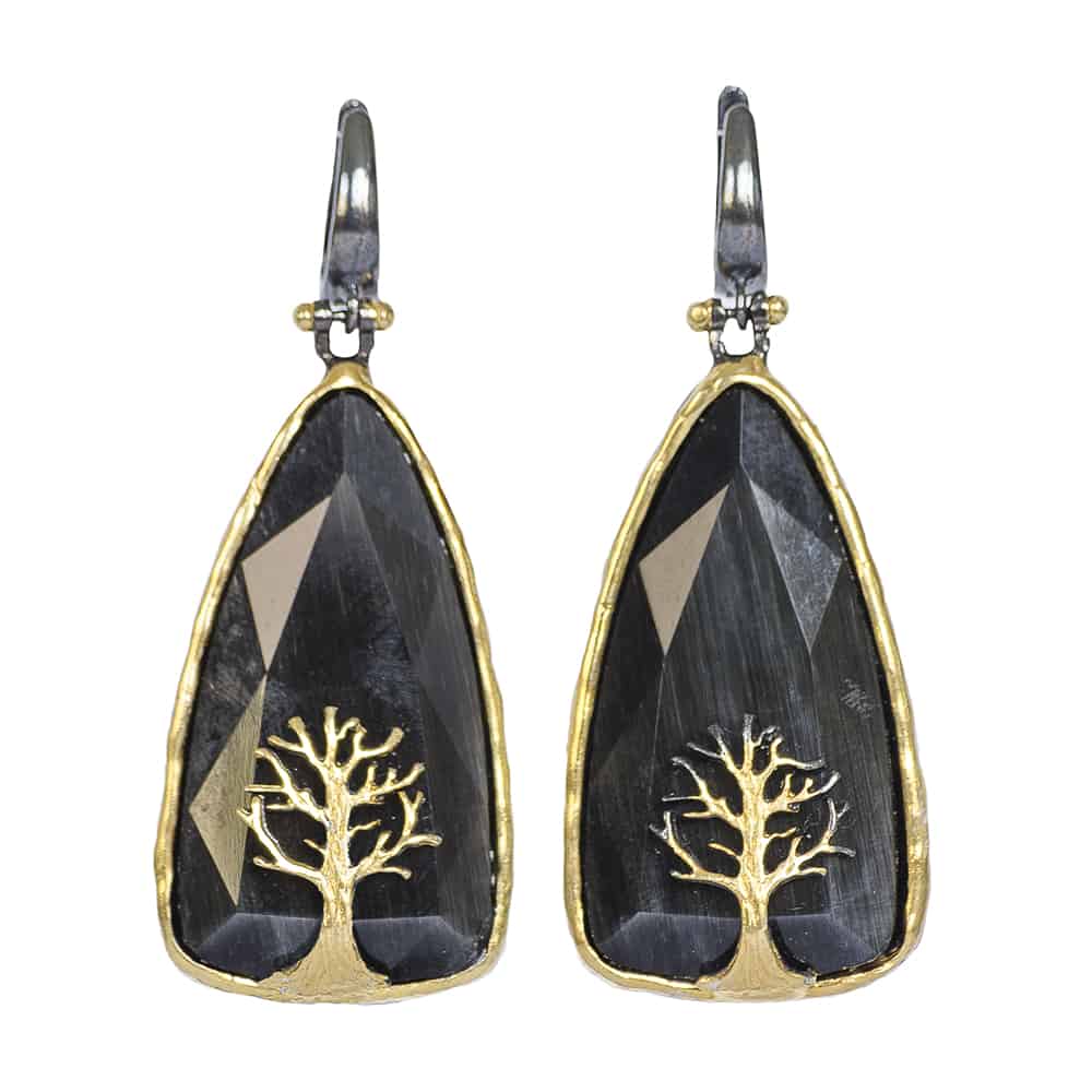 Black Onyx Earrings with Gold Tree
