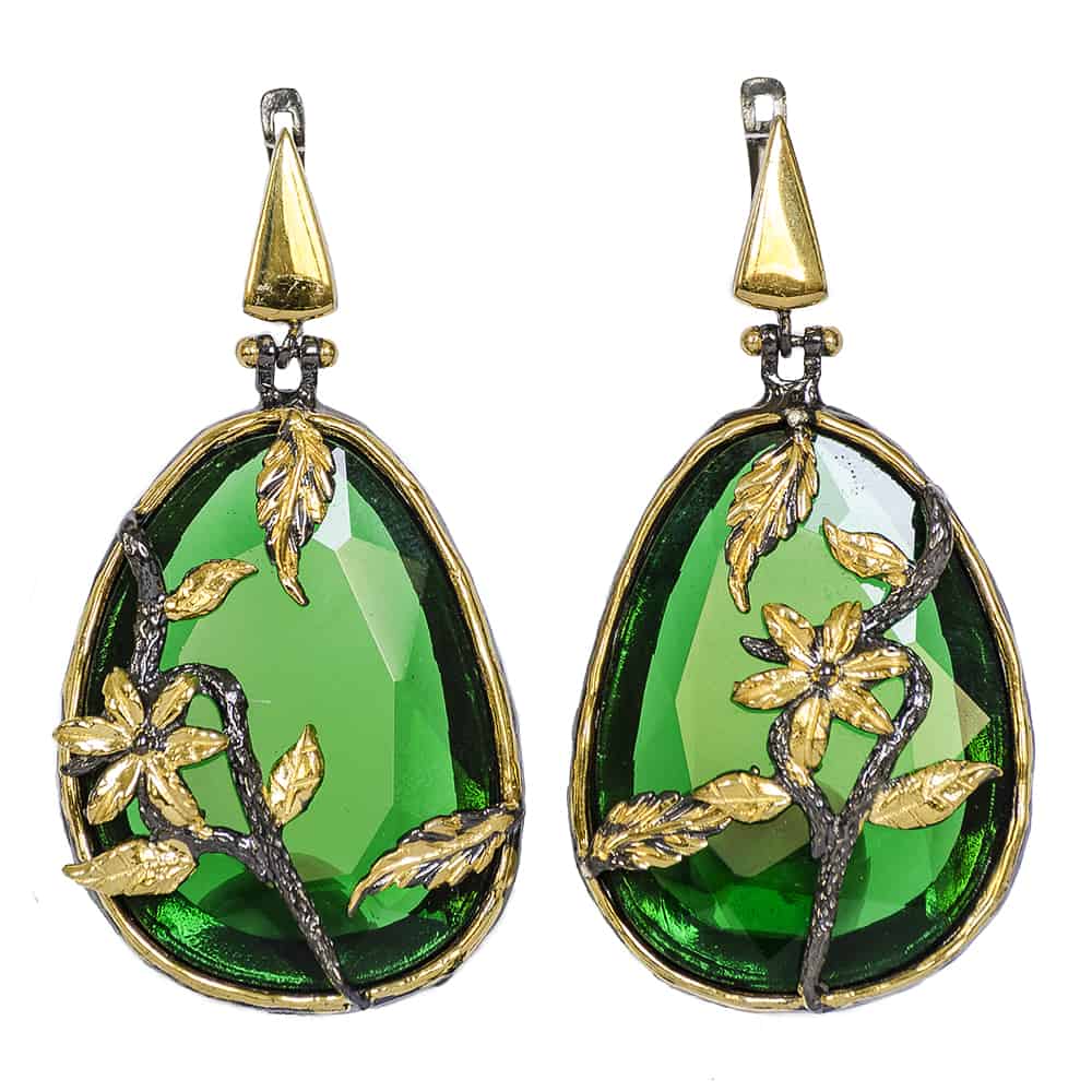 Green Crystal Earrings with Flower Motif