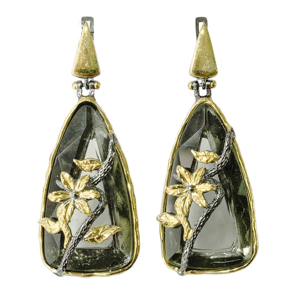 Black Smokey Crystal Earrings with Gold Flower Accent