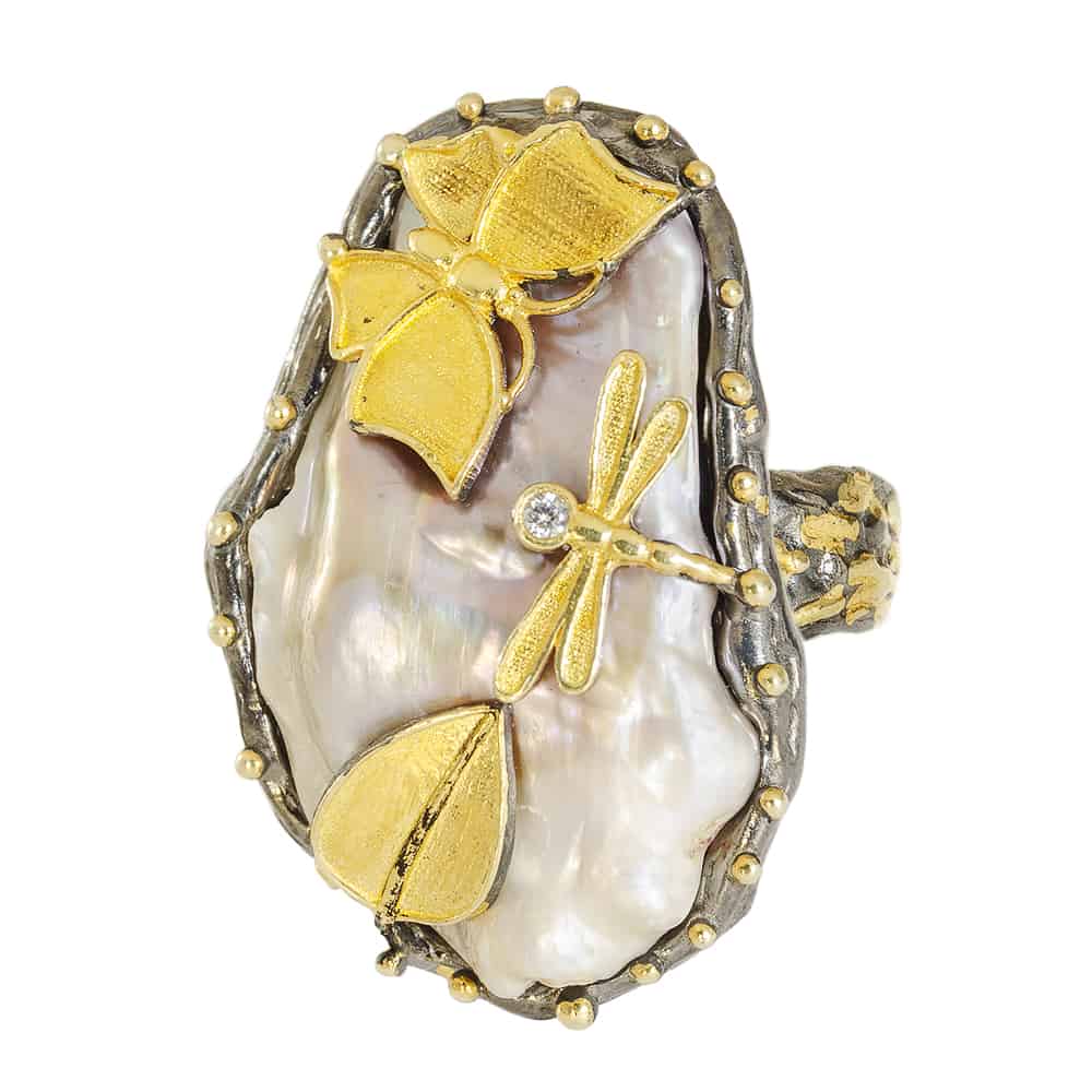 Raw Mother of Pearl Ring with Gold Butterfly & Dragonfly