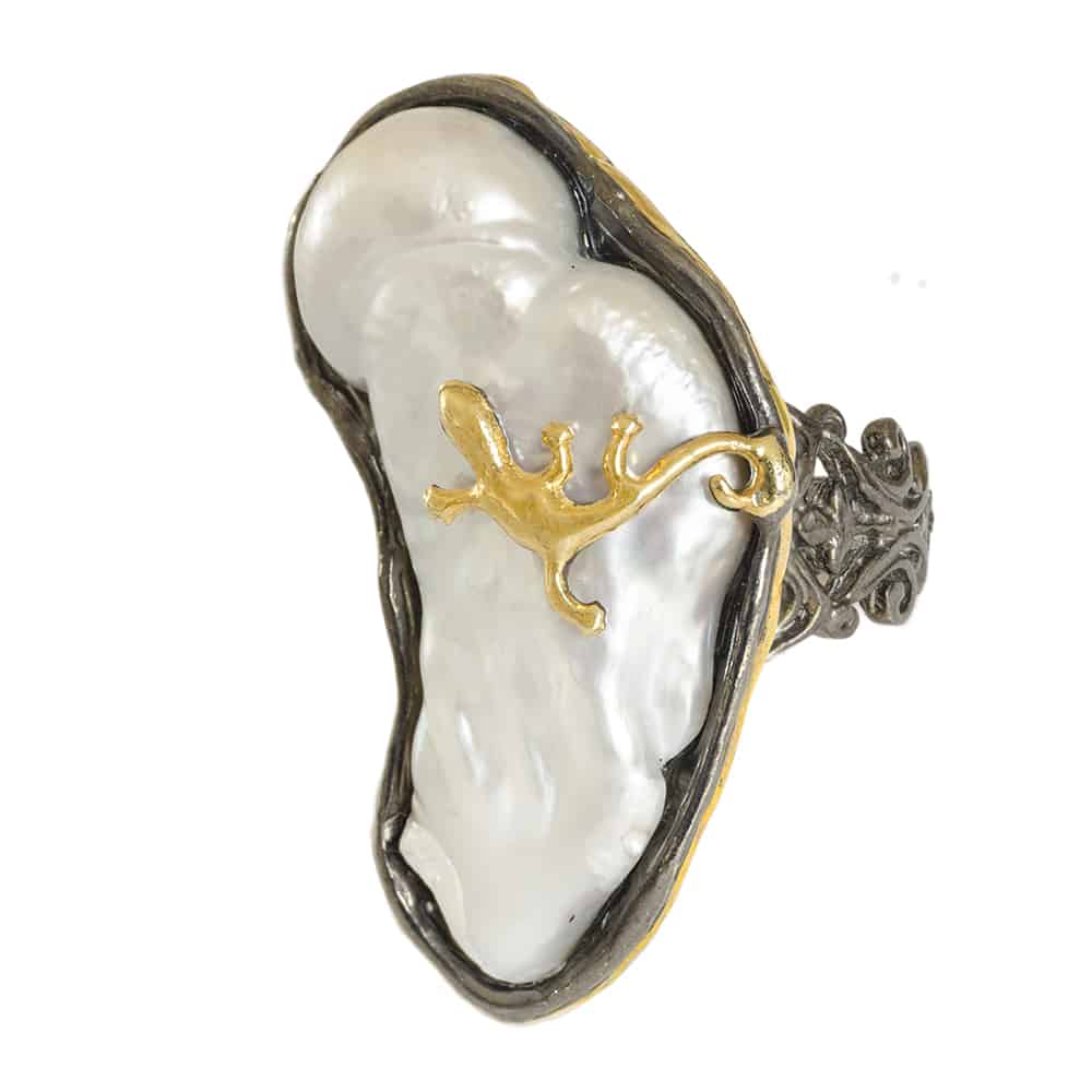 Raw Mother of Pearl Ring with Gold Lizard