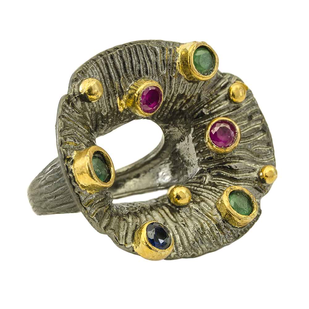 Silver Flower Ring with Ruby, Emerald & Sapphire Stones