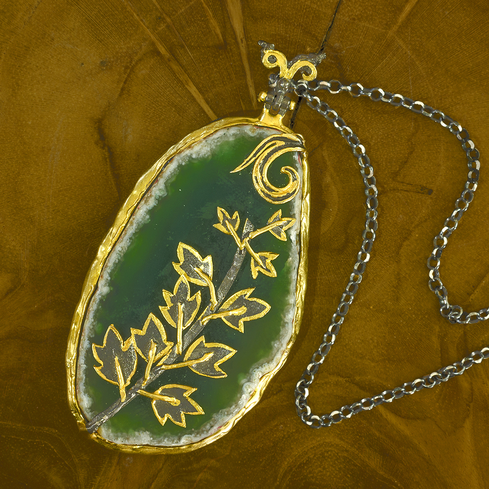 Green Agate Pendant with Gold Leaf Detail