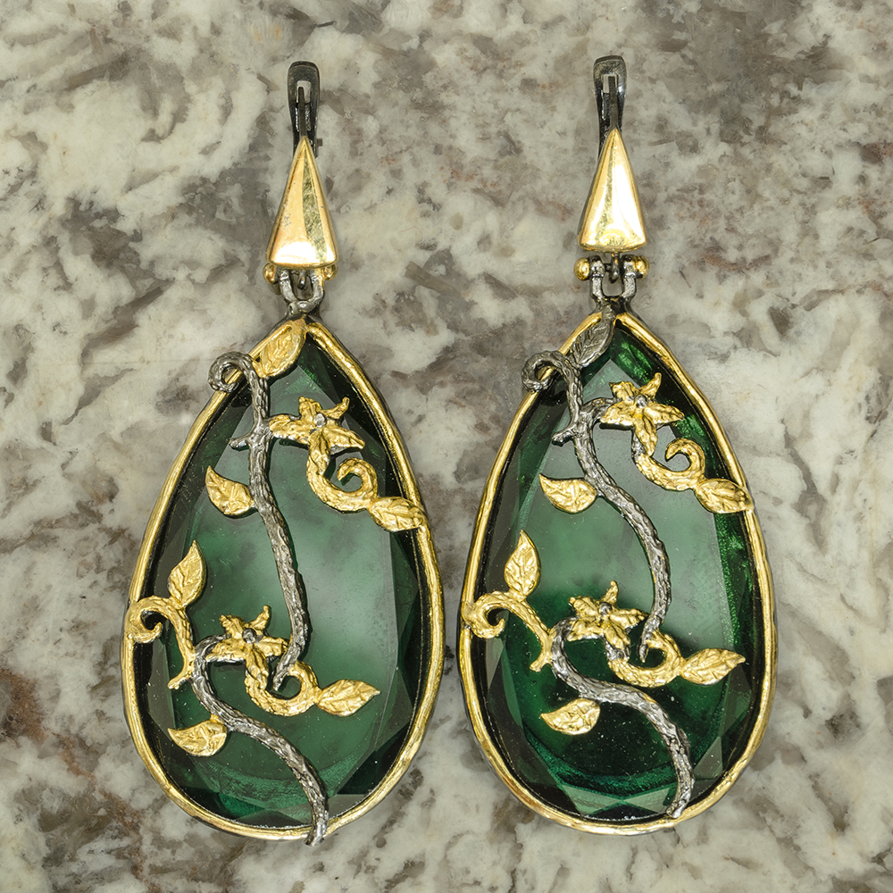 Green Crystal Earring with SIlver, Gold, Rhodium Plated Vines