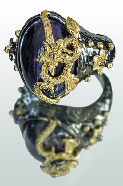 Amethyst Ring with Gold Vine Detail