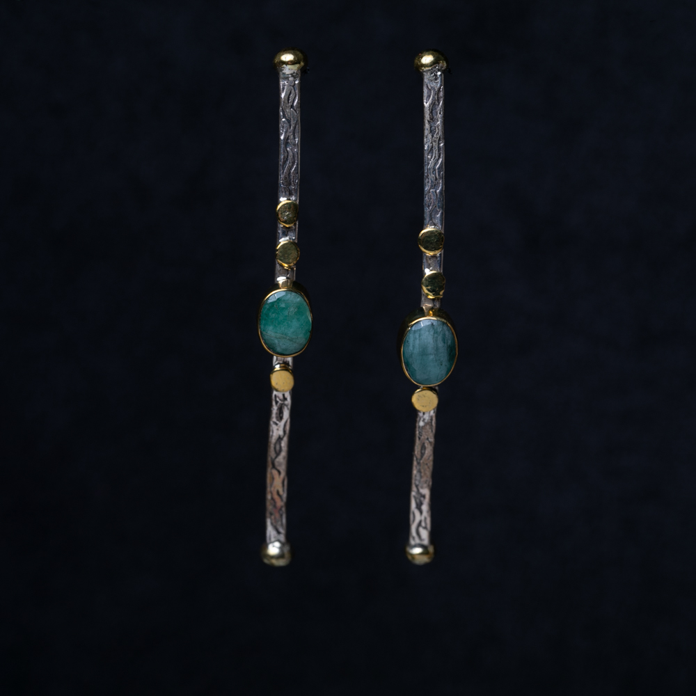 Raw Emerald Accent on Oxidized Silver Earrings