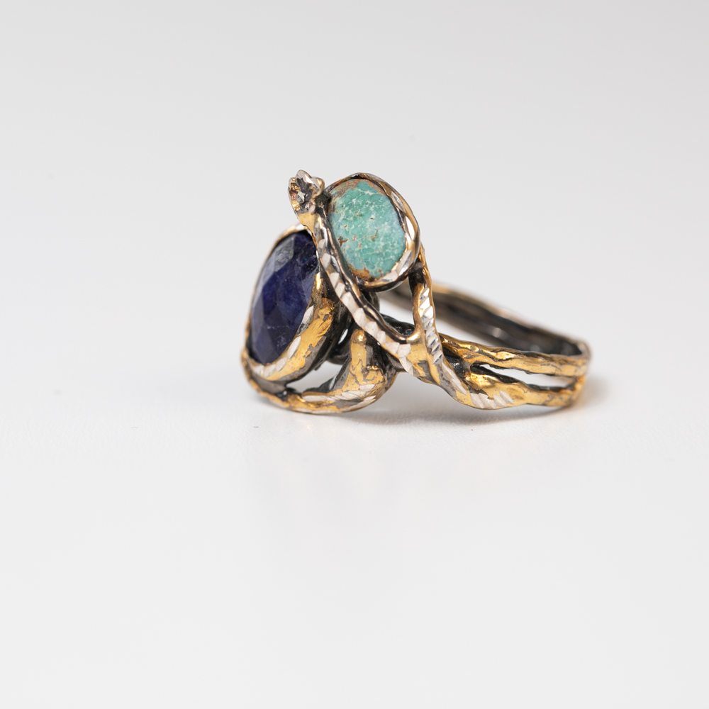 Gold Branch Ring with Raw Sapphire & Raw Quartz Accent