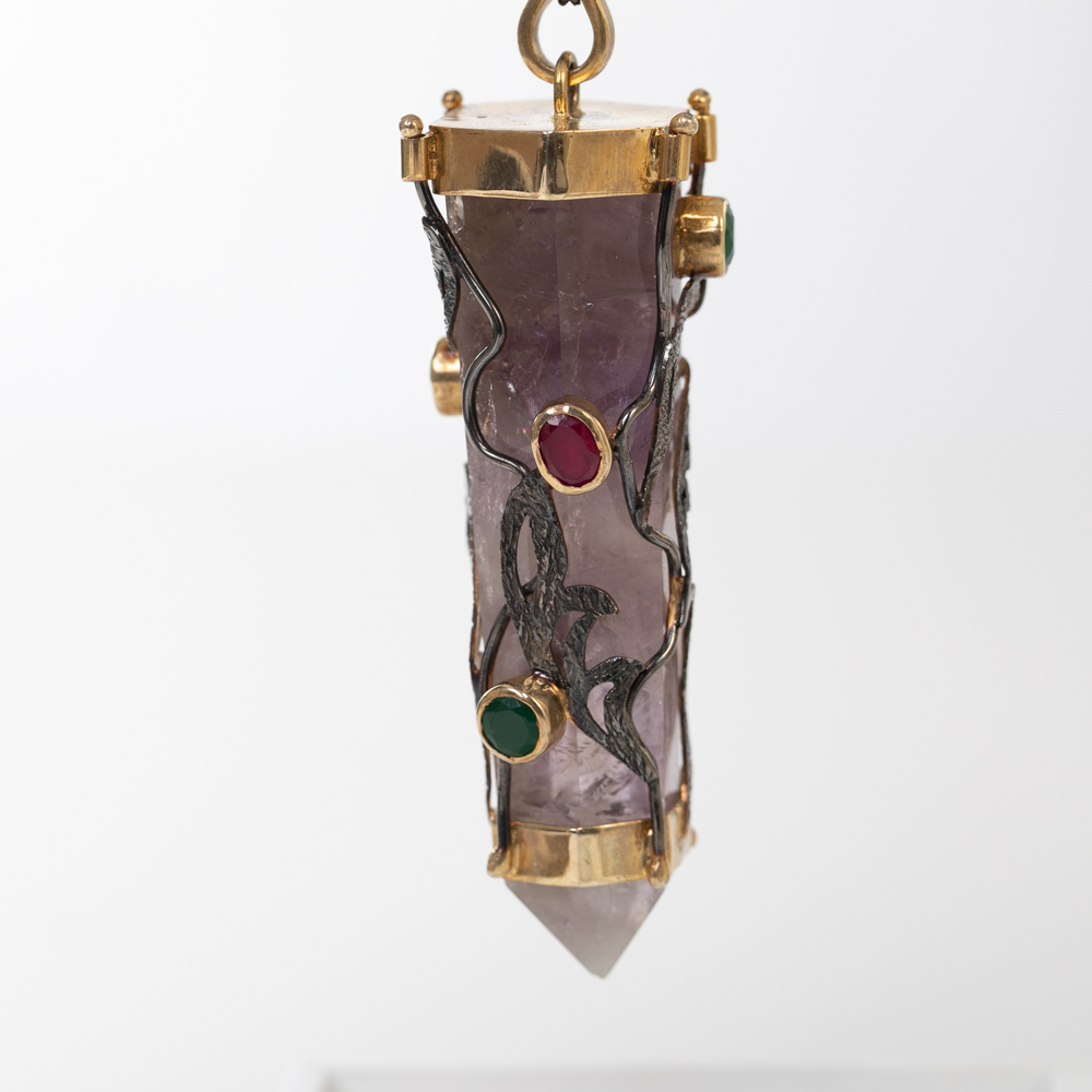 Spiritual Amethyst Crystal Adorned with Rubies and Emeralds