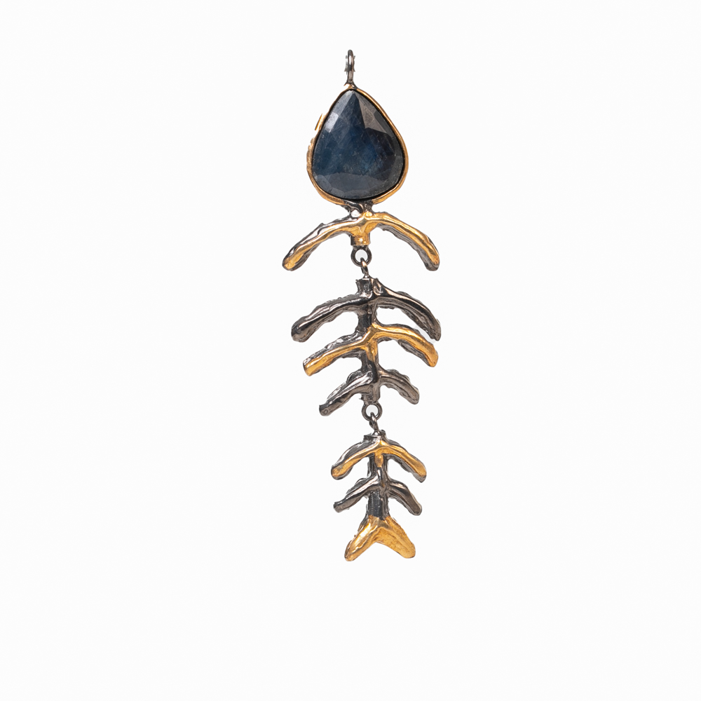 Lucky Fishbone Pendant with Raw Blue Sapphire Accent