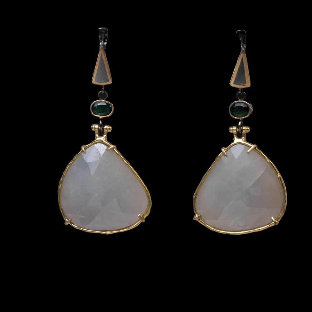 White Quartz Drop Earrings with Raw Emeralds