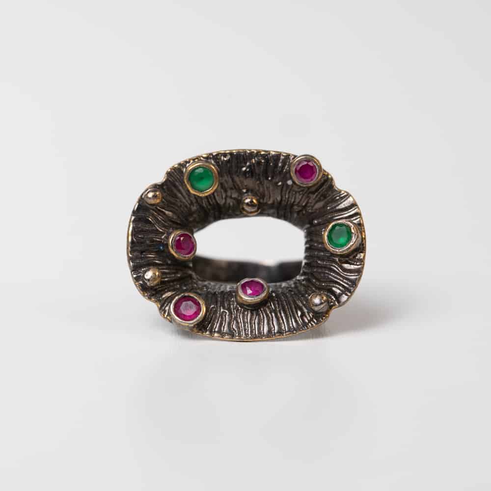 Flower Ring with Raw Ruby & Emerald Morning Dew