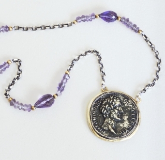 Silver Coin Necklace with Amethyst Stones