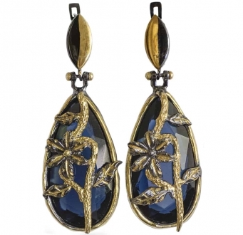 Elegant Royal Blue Crystal Earrings with Flowers