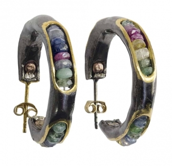 Raw Sapphire, Ruby, Emerald and Citrine Hoop Earrings