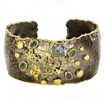 Emeralds, Aquamarines, and Ruby Cuff with Dragonfly and Flower Motif