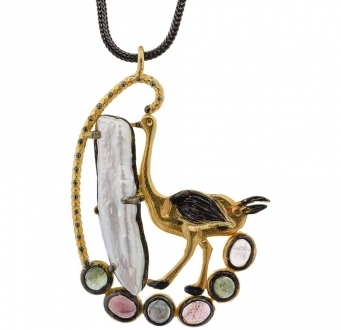 Mother of Pearl and Multi-Stone Crane Pendant