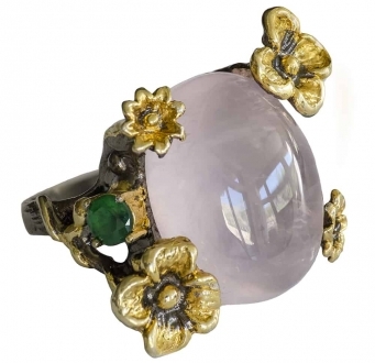 Pink Cosmo Quartz Ring with Flowers