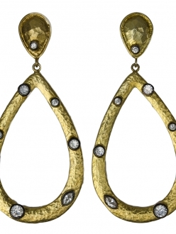 Hammered Gold Teardrop Earrings with Swarovski Accent