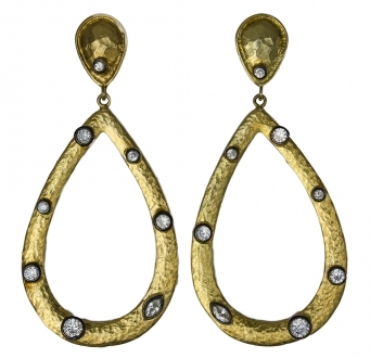Hammered Gold Teardrop Earrings with Swarovski Accent