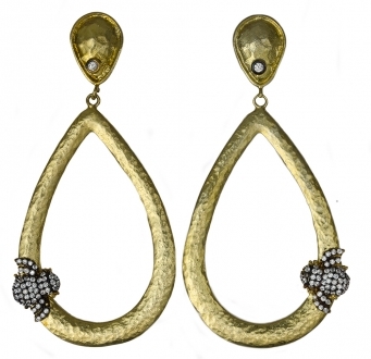 Hammered Gold Teardrop Earrings with Swarovski Crystal Bumble Bee Accent