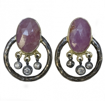 Raw Ruby Stud Earrings with Swarovski Crystals