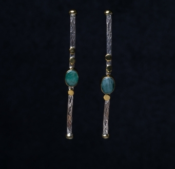 Raw Emerald Accent on Oxidized Silver Earrings