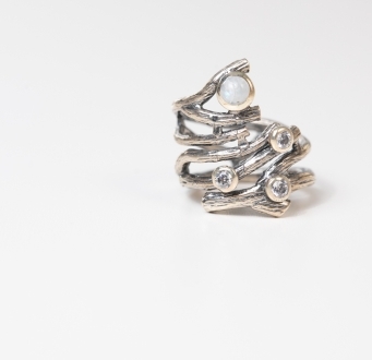 Twisted Silver Ring Adorned with Freshwater Pearl Bead and Swarovski Crystals