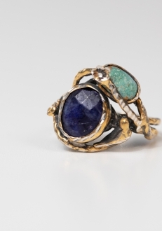 Gold Branch Ring with Raw Sapphire & Raw Quartz Accent