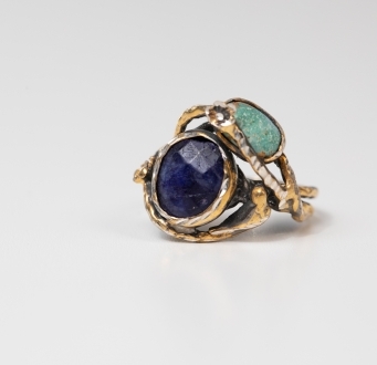 Gold Branch Ring with Raw Sapphire & Raw Quartz Accent
