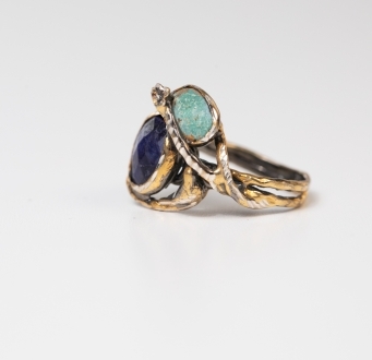 Gold Branch Ring with Raw Sapphire & Raw Quartz Accent