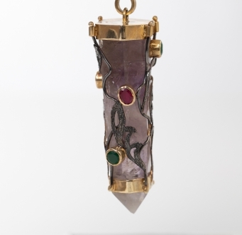 Spiritual Amethyst Crystal Adorned with Rubies and Emeralds