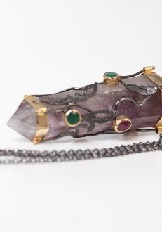 Spiritual Amethyst Crystal Adorned with Rubies and Emeralds