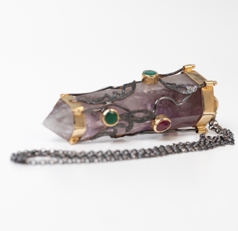 Spiritual Amethyst Crystal Adorned with Rubies and Emeralds
