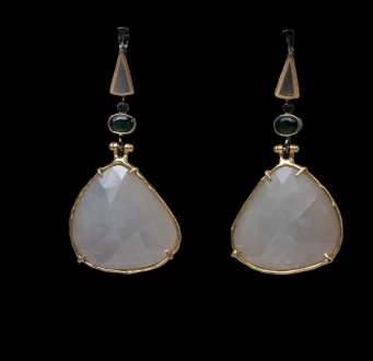White Quartz Drop Earrings with Raw Emeralds