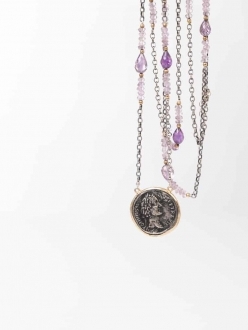 Silver Coin Necklace with Amethyst Stones