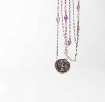 Silver Coin Necklace with Amethyst Stones