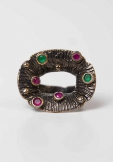 Flower Ring with Raw Ruby & Emerald Morning Dew