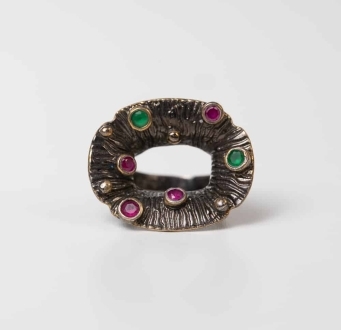 Flower Ring with Raw Ruby & Emerald Morning Dew