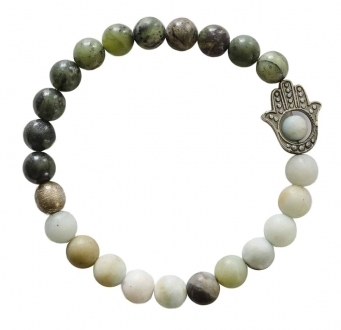 Jade and Jasper Bracelet with Silver Hamsa Hand