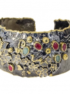 Raw Emerald and Ruby Cuff with Flower & Butterfly Motif