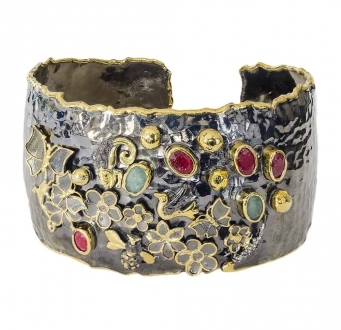 Raw Emerald and Ruby Cuff with Flower & Butterfly Motif