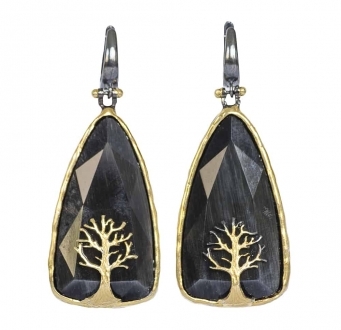 Black Onyx Earrings with Gold Tree