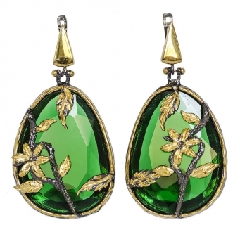 Green Crystal Earrings with Flower Motif
