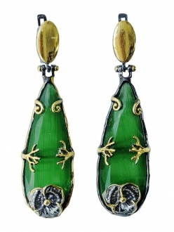 Green Sapphire Earrings with Tree & Flower Accent